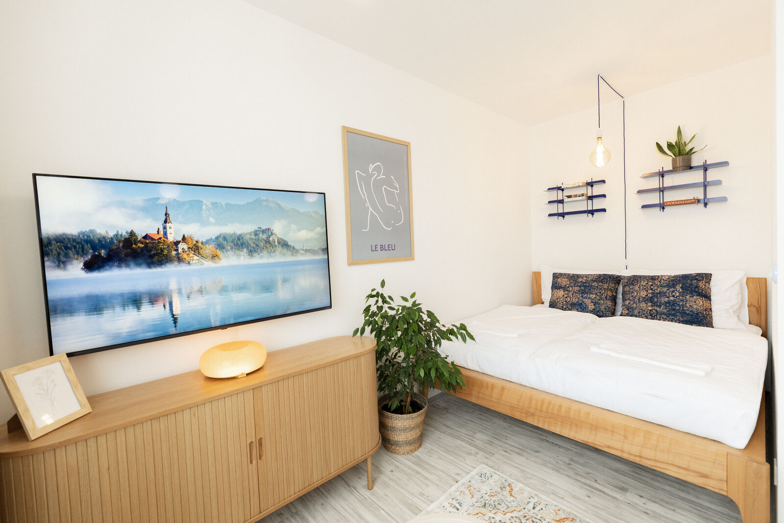 Spací část apartmánu s manželskou postelí, televizí a koberečkem